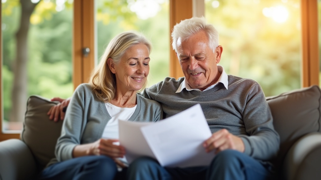 Rentner und Rentnerin schauen gemeinsam auf finanzielle Unterlagen im Wohnzimmer