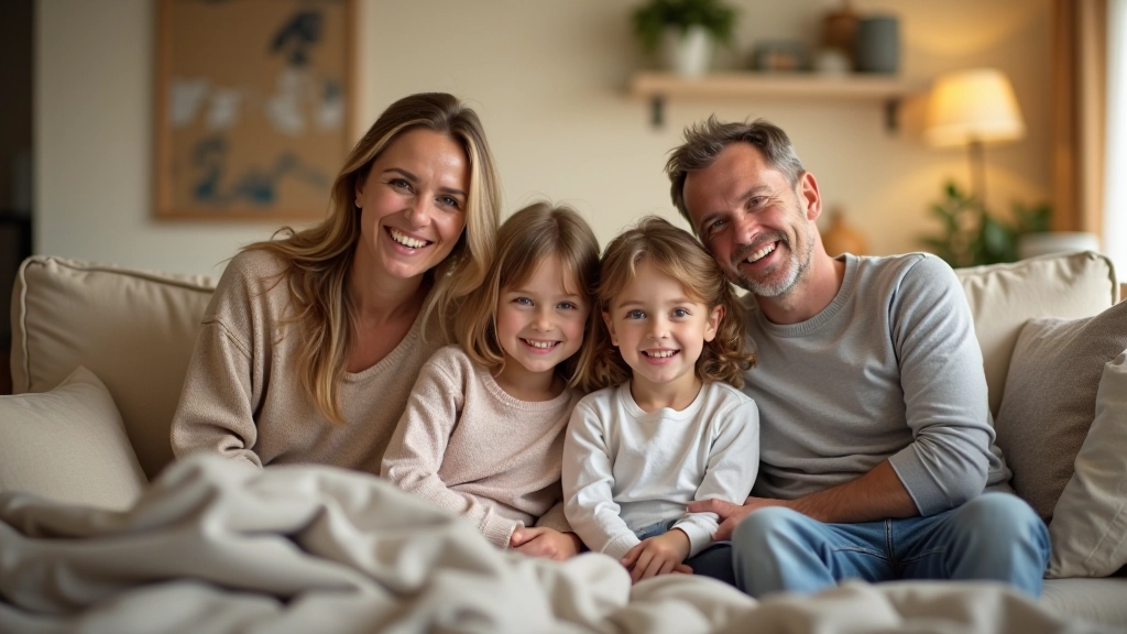 Familie mit Kindern sitzt zusammen, glückliches Moment für Illustration von Kinderförderung und Familienzulagen