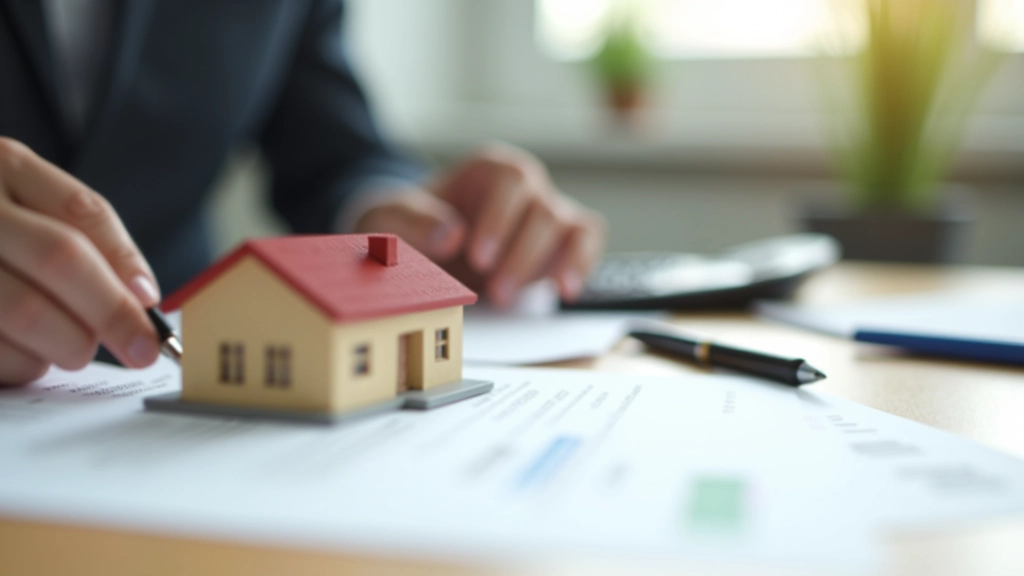 Hausmodell auf einem Schreibtisch neben Dokumenten und Taschenrechner