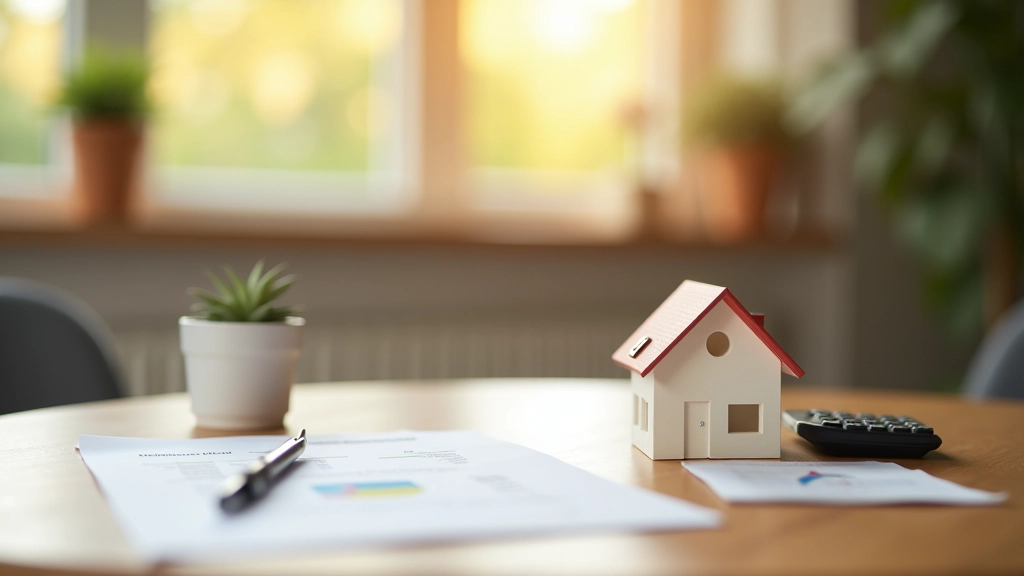 Modernes Wohnzimmer mit Hausmodell auf Eichentisch neben Finanzunterlagen